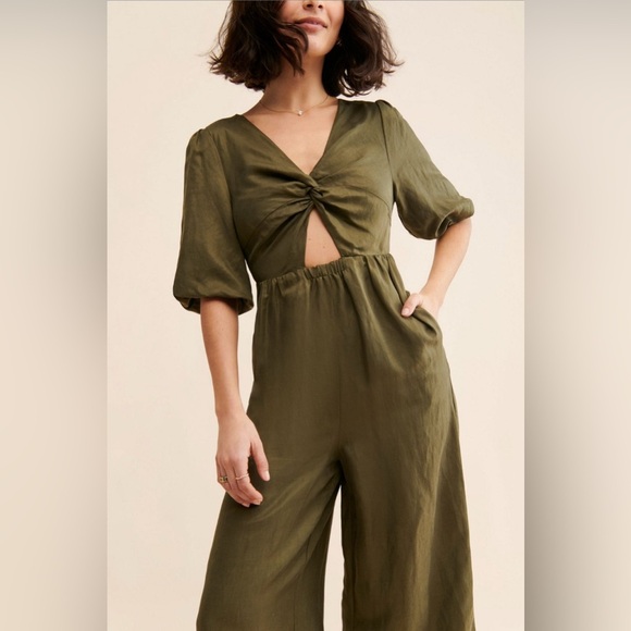 Anthropologie x Sancia the Aida Jumpsuit Keyhole Puff-sleeve Olive Green size L - Picture 2 of 7